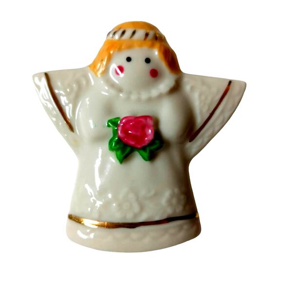 Vintage Ceramic Angel Brooch Christmas Holiday Pink Rose Lapel Pin VTG - Picture 1 of 7